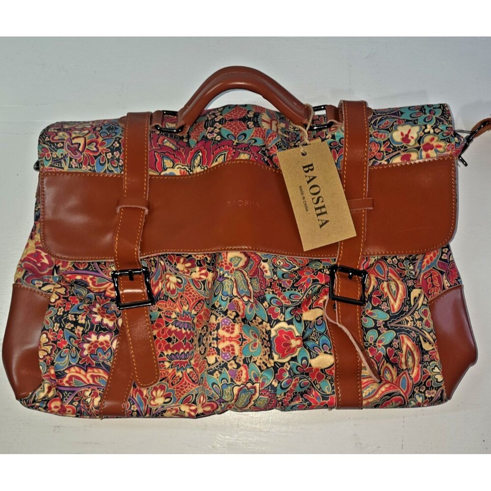 NWT - BAOSHA Floral Patterned Leather & Fabric Messenger Bag with Shoulder Strap